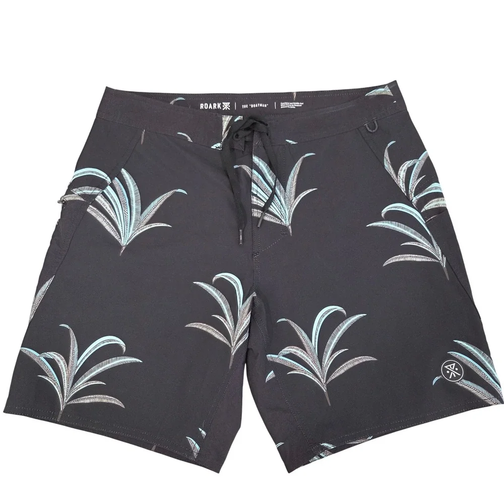 Roark The Boatman Board Shorts Mens 31 Black Palm Print Surf Swim Trunks